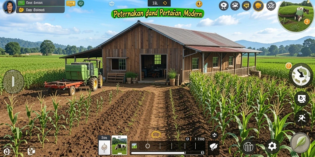 Screenshot gameplay 33L menampilkan pertanian yang subur dan hewan ternak.