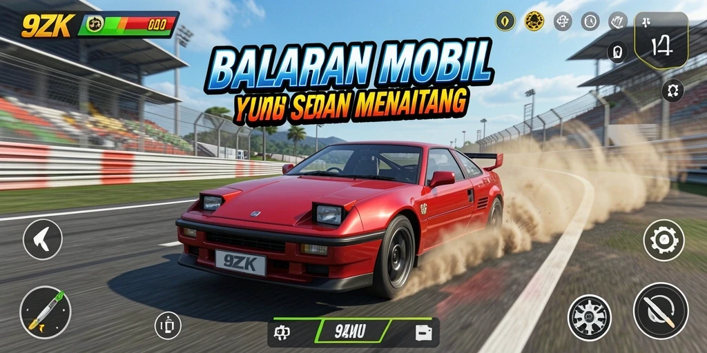 Screenshot gameplay 9ZK menampilkan aksi balapan yang mendebarkan dengan mobil cepat.