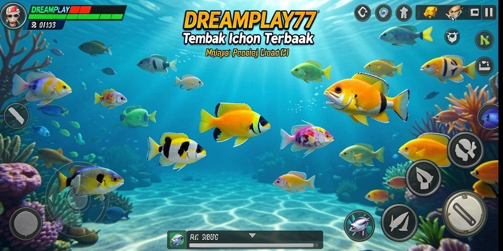 Screenshot utama DREAMPLAY77 menampilkan aksi tembak ikan yang seru.