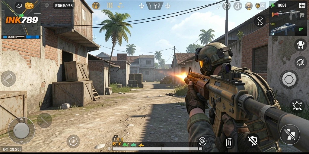 Screenshot gameplay INK789 menunjukkan aksi tembak-menembak yang intens.
