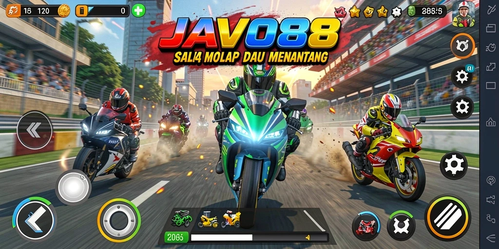 Gameplay JAVO88 yang mendebarkan dalam balapan motor.