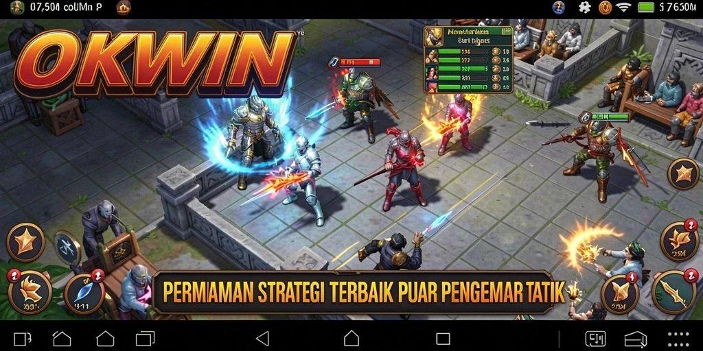 Tangkapan layar gameplay OKWIN menampilkan pertempuran strategi yang mendebarkan.