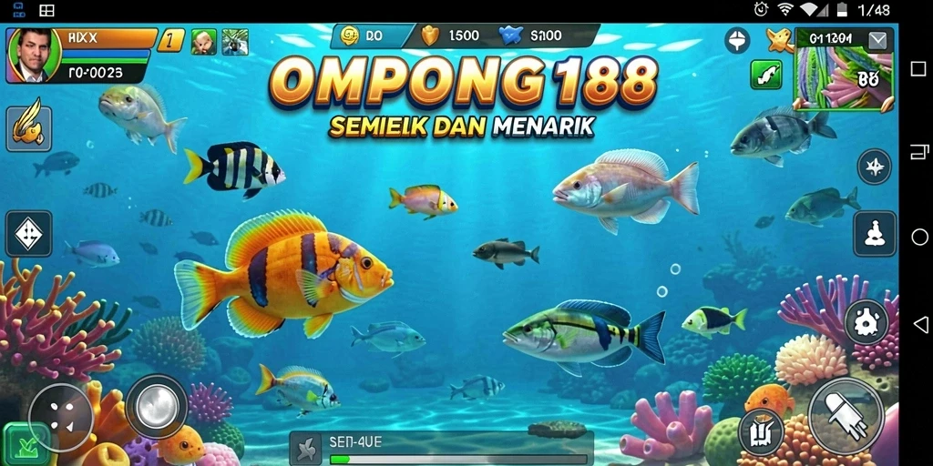 Tampilan gameplay OMPONG188 dengan ikan-ikan berwarna-warni.