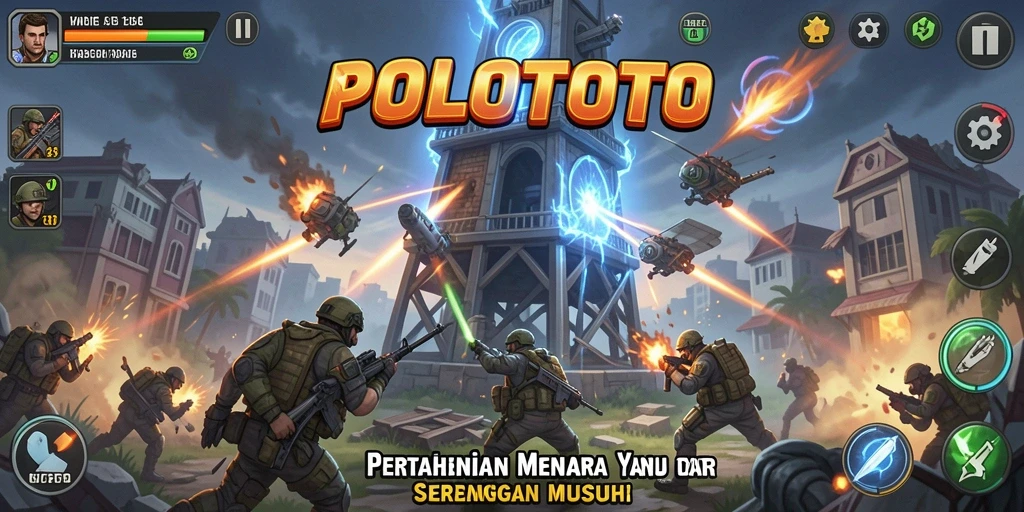Screenshot utama POLOTOTO menunjukkan gameplay menegangkan saat melindungi menara dari serangan musuh.