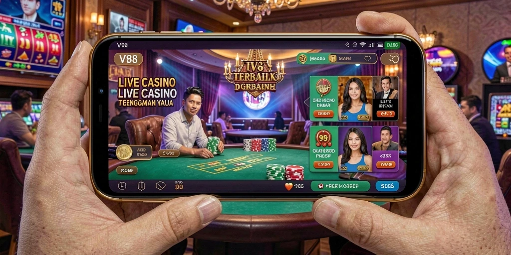 Screenshot V98 menampilkan dealer cantik dan gameplay seru Live Casino.