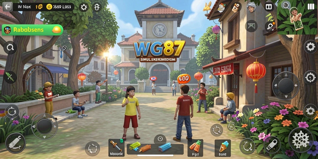 Tangkapan layar utama dari gameplay WG87 yang menampilkan simulasi kehidupan yang interaktif.